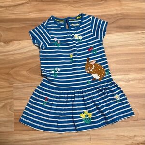 Mini Boden Blue Striped Dress with Bunny and Floral Embroidery